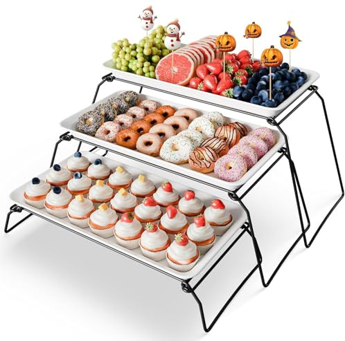 Extra Large 3-Tier Melamine Serving Tray Set and Cupcake Stand for Party Events, 43cm Platters with Tiered Stand, Holds 63 Cupcakes, Food, Dessert, and Fruit – Black | Melamine Reusable Platters with Metal Display Stand for Cupcakes, Desserts, Fruit, Cookies, Parties, Birthdays and Holidays