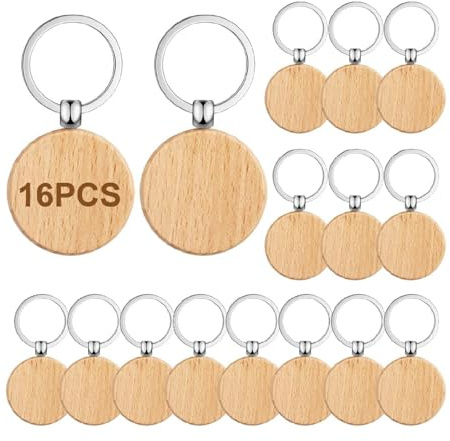 16 Stück Schlüsselanhänger Holz, Personalisierte DIY Rund Beschreibbare | Blanko Holz Schlüsselanhänger zum Bemalen mit Ring für Malerei, Bastein Dekorieren, Geschenke