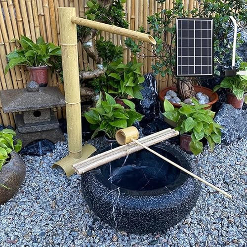 Fontaine à eau solaire en bambou, décoration de jardin zen avec pompe et alimentation solaire, fontaine solaire japonaise en bambou à bascule, pour oasis intérieure/extérieure à faire soi-même, créati