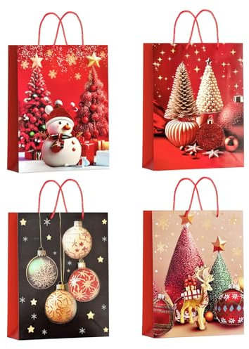 M&W DasDesign 3D Weihnachts-Geschenktüten Set – 12 große Geschenkbeutel mit 4 festlichen Designs (je 3 pro Design), inklusive 3D-Elemente, ideal für Weihnachtsgeschenke, robust und wiederverwendbar