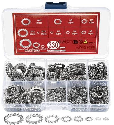 330 Pz Rondelle di Sicurezza Acciaio Inox, Rondelle Piatte Metaliche, Rondella Dentate Zigrinate di Bloccaggio con Denti a Stella Interna, M2,5 M3 M4 M5 M6 M8 M10 M12