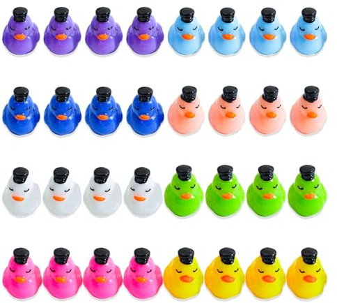 Nhemeylp Mini-Enten, Kunstharz-Enten mit schwarzem Hut, winzige Kunststoff-Tierfiguren für Miniaturgarten, Aquarium, Landschaft, Puppenhaus-Ornament, 8 Farben, 32 Stück