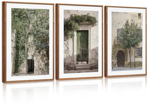 BINCUE 3 Teilig Grün Pflanzen Wandkunst,Vintage Stadtlandschaft Leinwand Wandbild mit Rahmen,Grüne Olivenbäume Altes Haus Deko,Malta Moderne Minimalistische Poster für Wohnzimmer Schlafzimmer,30x40cm