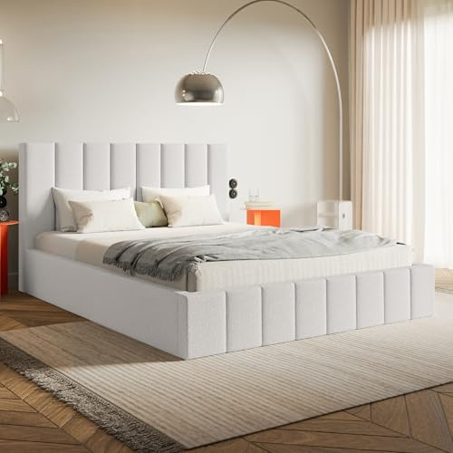 MOTIVENA Ibiza Bett 120x200 Weiß Boucle, mit Stauraum, mit Kopfteil, mit Lattenrost, ohne Füße, mit Matratze H2/H3, Polsterbett 120x200 mit Bettkasten Weiß (Milch)