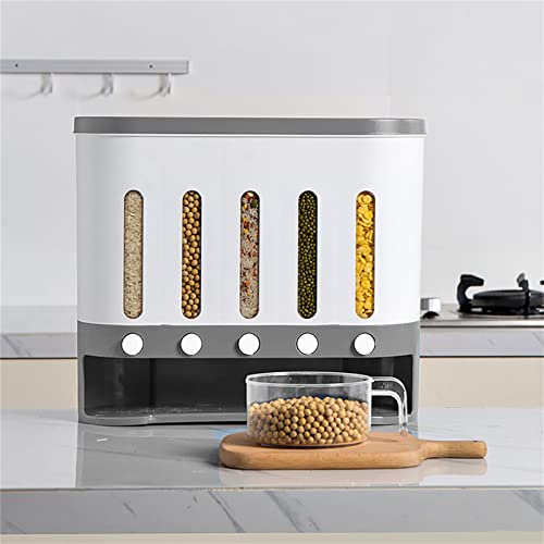 Distributeur de céréales, distributeur de riz mural à 5 grilles pour rangement de cuisine de 9 kg avec tasse à mesurer