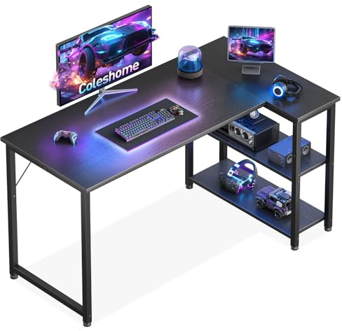 Coleshome Bureau Gaming, Bureau d'angle avec Étagère, 120 x 70 cm, Noir