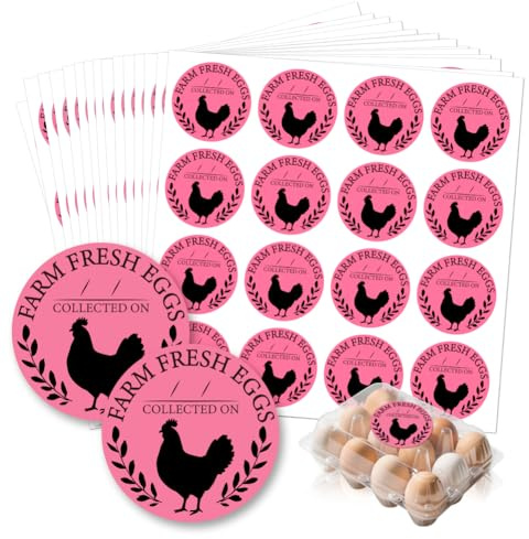 GOMAKERER 320 Pcs Farm Fresh Eggs Carton Labels, Pink Round Egg Handling Stickers Fresh Laid on Stickers PET Adhesive Egg Packaging Sticker for Box Container Carton Farm Supplies