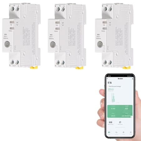 3 Stück WIFI Leitungsschutzschalter, Wlan Schalter von TUYA-APP, mit Alarmschwelle 6–40 A und Leistungsüberwachung, Smart Meter 1P Hutschiene, Echtzeit-Ansicht Verschiedener Stromdaten