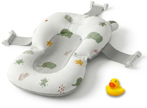 BATHBY | Cojín para Bañera de Bebé – Soporte Recién Nacido, Asiento Ergonómico, Ajustable y Portátil con Malla Antideslizante, Almohada Reductora, Hamaca de Ducha + Patito de Goma (Elefantes)