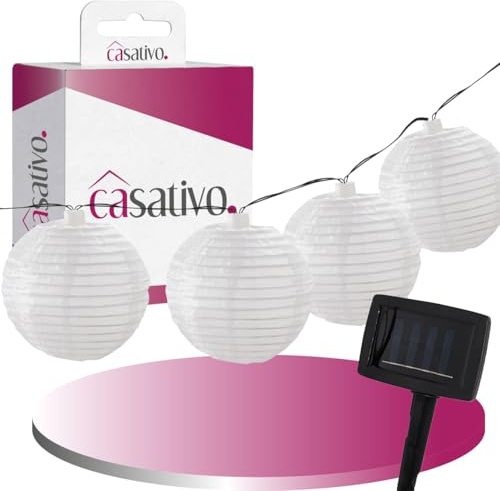 Casativo LED Lampion Lichterkette, Solar, warmweiss, 20 weisse Lampions, 3,8m, IP44, effektvolle Solarlichterkette für Balkon, Terrasse, Garten, Bäume u.v.m