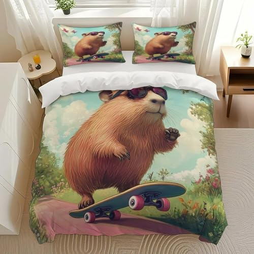 XJUJKCTA Cool Beaver Skating Bedding Comforter Sets Bedding Set 3 Pieces (1 Duvet Cover 2 Pillowcases) with Zipper Closure Lightweight