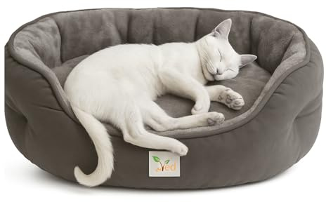 Ved Soft Cat Bed Cuccia rotonda lavabile per gatti e gattini da interno, cuscino reversibile, base antiscivolo, grigio, (51 x 48 x 15 cm (L x W x H))
