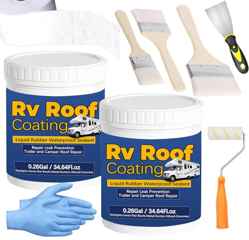 0.52Gal/69.28Fl.oz Liquid Rubber Rv Roof Coating White Waterproof Sealant Camper Roof Repair Solar Reflective Wooden Brush Putty Knife Nitrile Gloves Paint Roller Drywall Repair Tape