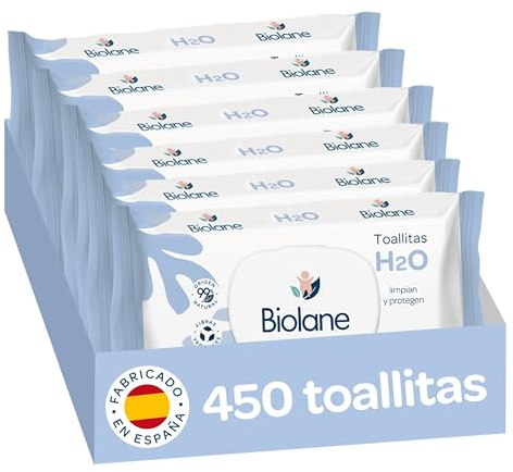 Biolane - Toallitas H2O Bebé, 450 Toallitas (6 Packs de 75 Unidades), 99% Ingredientes Naturales, Fibras 100 % Vegetales, Desde el Nacimiento, Piel Sensible, Fabricadas en España, pH fisiológico