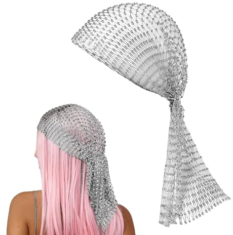 RuiChy Netz-Stirnband mit Strass, ausgehöhlt, Glitzer-Pailletten, Kopftuch, Schleierkappe, elastisch, Nachtclub-Kopfbedeckung, Turban-Kappen, Haarschmuck für Frauen (Silber)