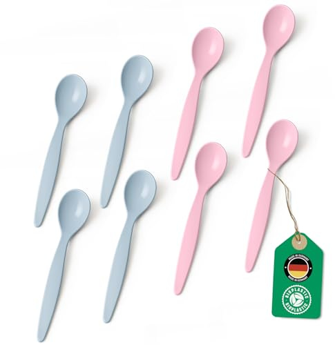 Bio Löffel 8er Set – 14 cm Mehrweglöffel BPA-frei, spülmaschinengeeignet & recycelbar – aus Zuckerrohr, leicht & schadstofffrei – ideal für Kinder & Alltag – Made in Germany - Rosa & Hellblau