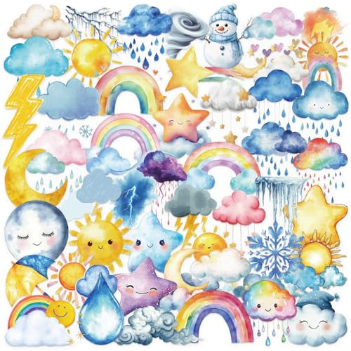 50 Stück Aquarell Wetter Sticker Set, PET Transparente Sticker, Wetteraufkleber mit Sonne, Wolken, Sternen, Regenbogen und Blitzen, Scrapbook Stickers für Laptop, Wasserflasche, Telefon, Fotoalbum