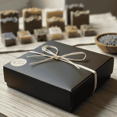 seifenstars Set Seifenbox Alles Liebe Soap Sample Box mit schwarzem Seifensäckchen – 4x50g/200g verschiedene Düfte zum Probieren