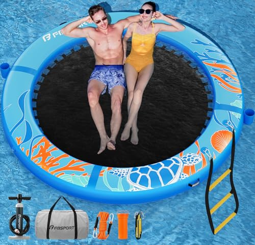 Groß Aufblasbare Badeplattform Sunchill 240/300 cm, Badeinsel Runde Schwimminsel für 2-5 Personen, Wasserinsel Schwimmende Ring mit Heavy Duty Netz, Floating Dock Insel für Pool, See, Strand & Ozean