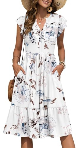PLMOKEN Sommerkleid Damen Midi V-Ausschnitt Empire Elegant Kleider