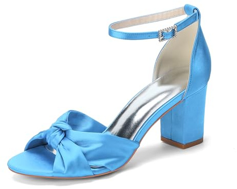 HFWXYSA Escarpins Mariage Femme Satin Nœud Sandales Bout Ouvert Bride Cheville Chaussures Talon Bloc pour Demoiselle Honneur