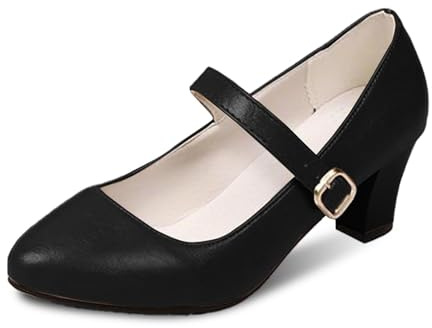 Escarpins Mary Jane Femme Simili Cuir Lisse Bride à Boucle Métallique Talon Bloc Rond Confortables Chaussures de Bureau Ville Quotidienne (Black, 40)