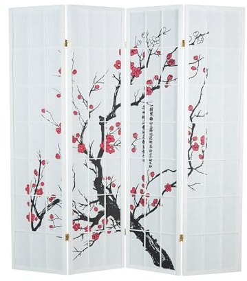 Homestyle4u Paravent 4 teilig Weiß Raumteiler Holz Shoji Reispapier Kirschblüten Shoji
