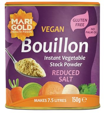 Marigold Reduced Salt Vegetable Bouillon Powder, 150g – Instant Vegan Stock Powder, 37% Less Salt, Natural Ingredients, Gluten-Free – Perfect for Soups, Stews & Sauces.