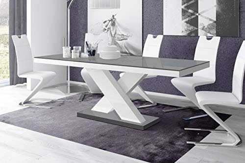 Design Esstisch HE-888 Grau Hochglanz / Weiß Hochglanz ausziehbar 160 cm bis 210 cm Esszimmertisch für bis zu 10 Personen Hochglanz Funktionstisch modern vielseitig Esszimmer erweiterbar zeitlos