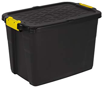 Kreher Aufbewahrungsboxen mit Deckel, TOUGH-Serie, bruchsichere Transportbox aus Kunstststoffbox, Stapelboxen, Ordnungsboxen, Kiste in Schwarz, verschiedene Größen (42 Liter)