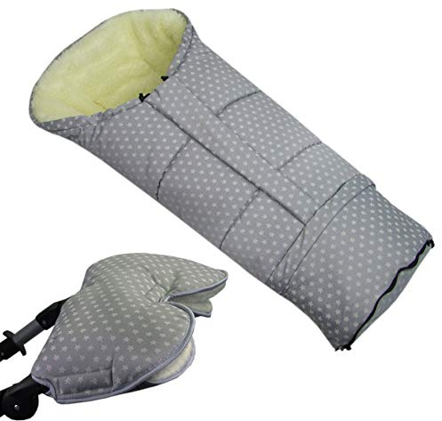 BAMBINIWELT KOMBI-ANGEBOT MUFF + Winterfußsack/MUMIE- aus Lammwolle für Kinderwagen, Buggy, Schlitten - STERNE HELLGRAU XX