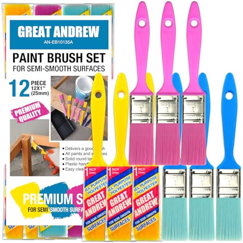 Great Andrew 12 PCS Small Paint Brushes1 Inch, Paint Brush for Painting Acrylic Oil Crafts DIY, Paint Brushes for Walls,Touch Up,Trim Painting Supplies