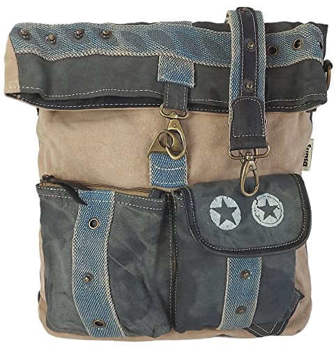Sunsa große Umhängetasche Retro Unisex Canvas Schultertasche in grau beige | DIN A4 Vintage Crossbody Bag. Tasche mit viele Fächer, abnehbaren/ verstllebaren Henkel. Handtasche für Uni, Reise & Freizeit