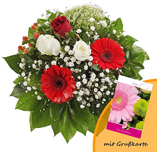 Dominik Blumen und Pflanzen, Blumenstrauß Gruß von Herzen mit Rosen, Gerbera und Johanniskraut und Grußkarte Geburtstag
