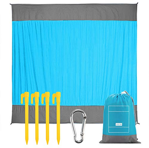 EXTUSD Stranddecke Picknickdecke 210 x 200 cm, Ultraleicht Kompakt Verschleißfest Nylon Strandtuch,Wasserdicht und sandabweisend Campingdecke mit 4 Befestigung Ecken
