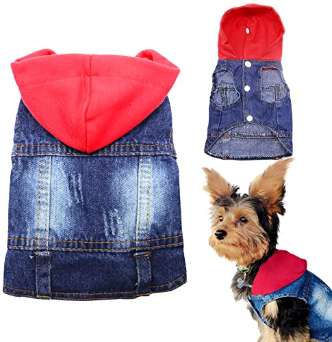 SILD Vêtement pour Animal de Compagnie. Veste en Jean, pour Chien, Cool, Bleu Jean, Chiens Petits et Moyens - Veste délavée à col retourné, Classique, Capuche, Bleu Vintage (S, Solid Red)