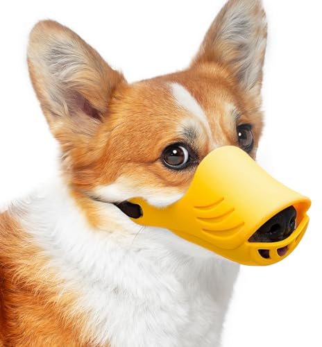 LUCKYPAW Dog Muzzle, Soft Duck Silicone Mouth Cover with Adjustable Strap for Small Medium Dogs, Best to Prevent Barking, Biting, and Chewing(Yellow,M)