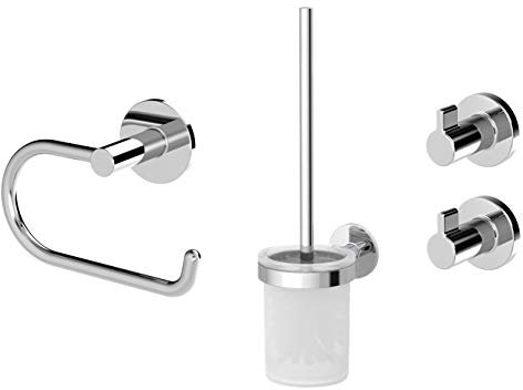 Lenz Bad-Accessoire-Set VIDA in Chrom – 4-teilig – Toilettenpapierhalter, WC-Bürstengarnitur und Zwei Handtuchhaken – Zum Kleben oder Bohren – Hochwertige Verarbeitung – 4490002