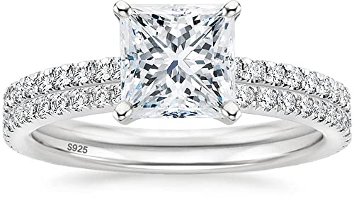 EAMTI 2.5CT 925 Sterling Silver Bridal Ring Sets Princess Cut CZ Engagement Promise Rings for Her Wedding Bands for Women Size 7