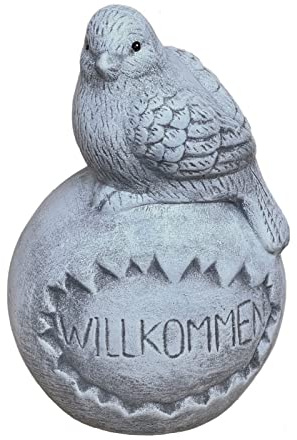 stoneandstyle Steinfigur Vogel auf Kugel Willkommen frostfest Steinguss