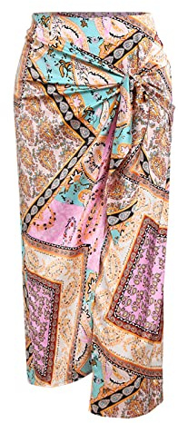 ZAFUL Women's Boho Skirt Asymmetrical Skirts Tied Floral Paisley Printed High Waist Ruched Skirts for Women(Small,Multi-1)