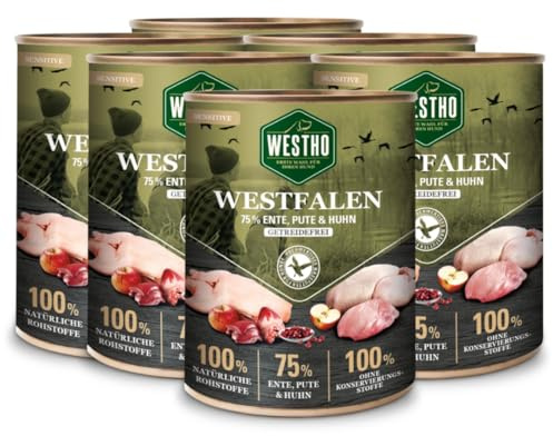 WESTHO Nassfutter Westfalen (6 x 800g) | 75% WILDENTE, PUTE & Huhn | Getreidefrei | Leicht verdaulich und bekömmlich| Schonkost