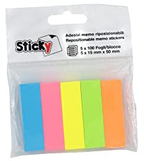 Alevar Sticky Pappershållare 15 x 50 mm, 5 x 500 självhäftande flikar, 500 självhäftande flikar, Blandade FLUO-färger Blå-Gul-Rosa-Orange-Grön, 3325/1FLUO5