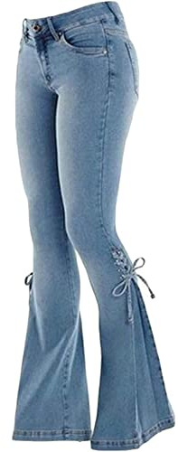 Women's Lace-up Bell Bottom Denim Jeans Mid Waist Stretchy Flare Pants Trouser Leggings (Blue, S)