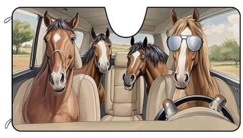 BAGEYOU Car Front Windshield Sunshade Happy Horse Decor Vehicle Sun Shade Visor UV Ray Reflector Sun Protector, Keep Vehicle Cool, 55 x 30