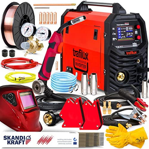 Trafilux 200 Dual Pulse LCD Welding Inverter MIG MAG MMA TIG LIFT FLUX 200A 230V IGBT, Synergy, Gasless Welding Machine, Welding Torch MIG/MAG MB15/2.6m Premium Set