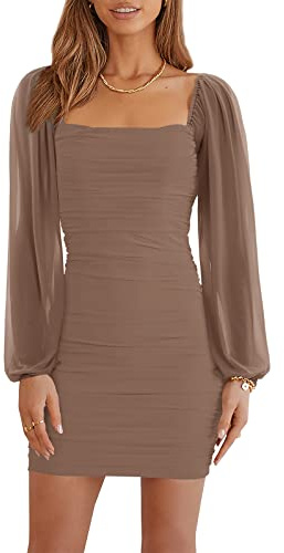 Wenrine Damklänningar party cocktail klubb bodycon klänning bröllopsgäst mesh långärmad fyrkantig hals miniklänning smal passform, BRUN, S