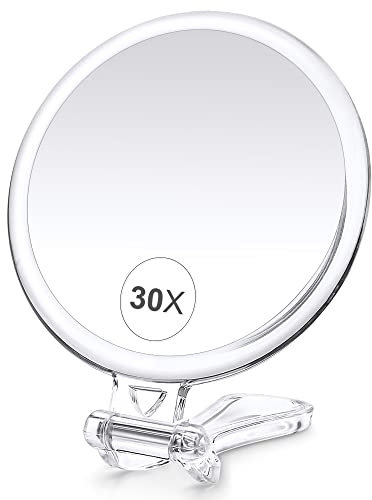 MIYADIVA Make-up Spiegel mit 30X Vergrößerung, doppelseitig (1X/30X), Handspiegel mit Griff – Kosmetikspiegel für Reise, Augenbrauen zupfen & Make-up