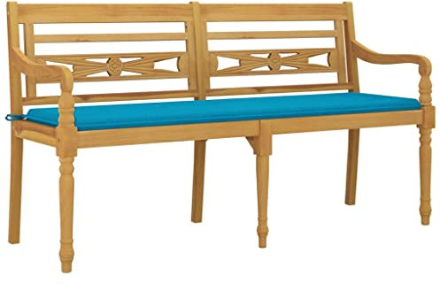 vidaXL Batavia Bank mit Blauem Kissen Gartenbank Gartenmöbel Parkbank Sitzbank Holzbank Balkonbank Terrassenbank 150cm Massivholz Teak