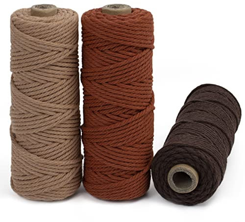 LEREATI Makramee Garn 3mm Set, 150m Makramee-Schnur, Farbig Baumwollseil, Baumwollgarn 3mm zum Makramee Deko, Hängepflanze, Wandbehang, Hochzeitsbogen (Korallenrot, Ziegelrot, Braun)